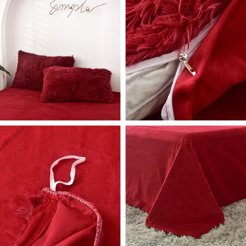 MorroMorn 5 PCS Shaggy Duvet Cover Bedding Set - Fluffy Comforter Cover Long Faux Fur Luxury Ultra Soft Cozy (Dark Red, Full/Queen) - Image 3